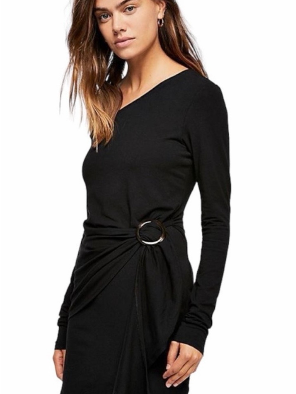 Free People Black Long-Sleeve Dress with Side Ring Detail